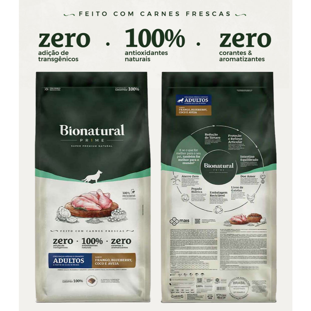 Ração Bionatural Prime Cães Adultos Raças Médias e Grandes sabor Frango