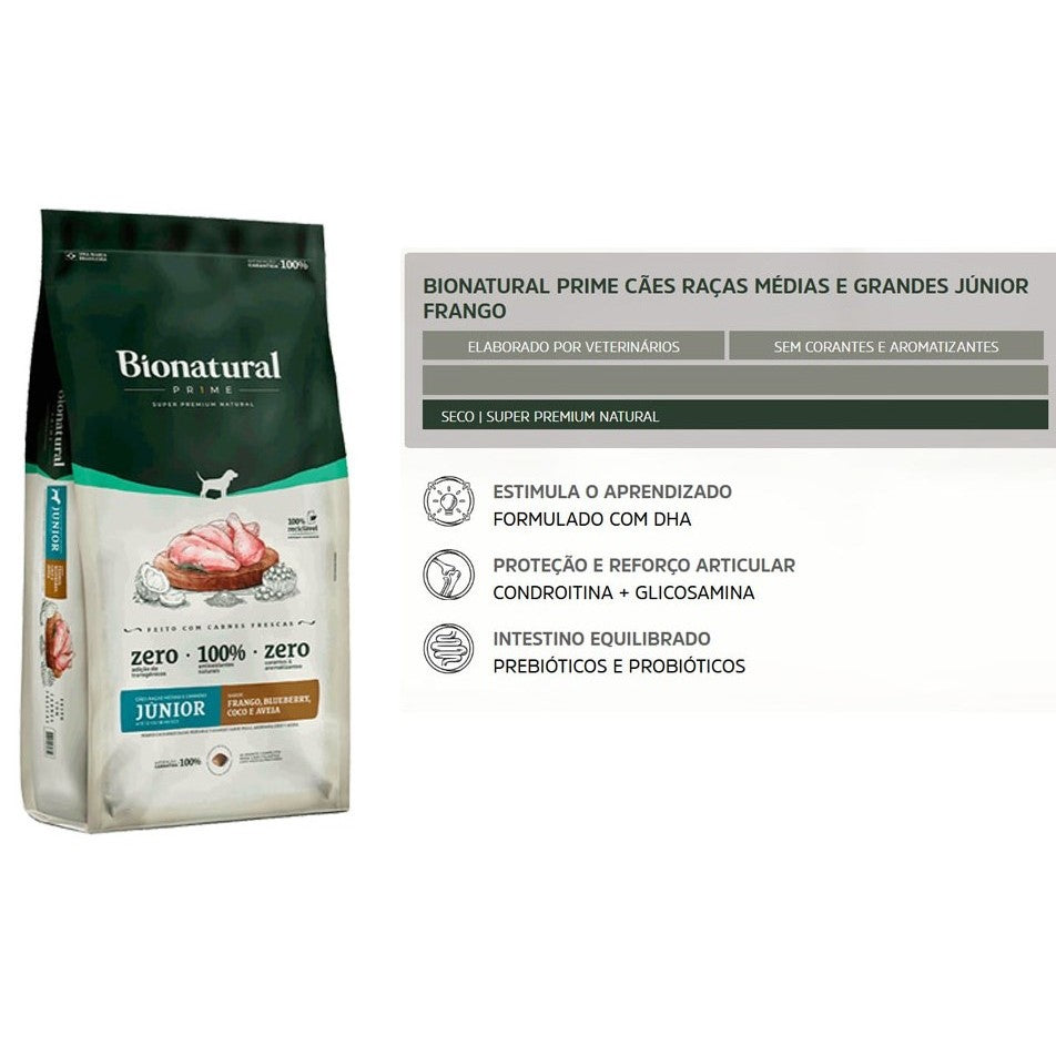 Ração Bionatural Prime Junior Cães Filhotes Raças Médias e Grandes Frango