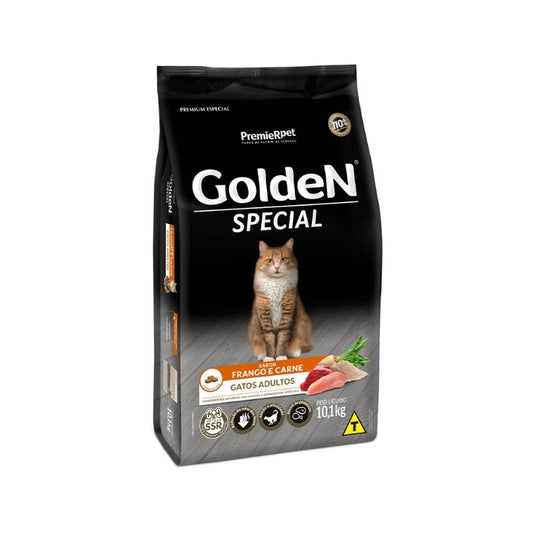 Ração Gatos Golden Especial Adultos 10,1Kg Alimento Saudável Sabor Frango e Carne Premium Special