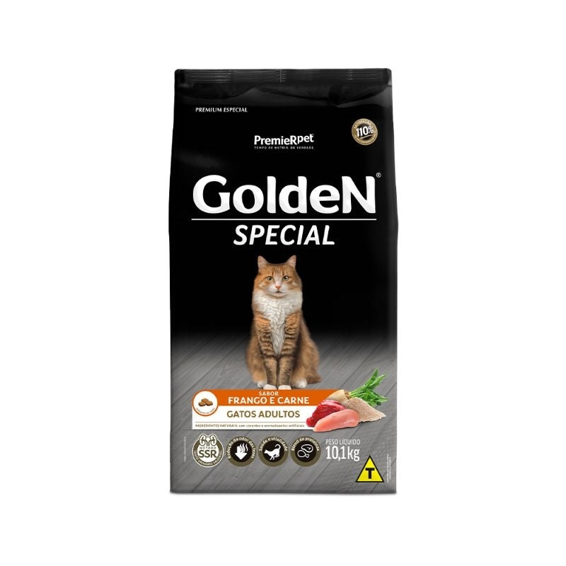 Ração Gatos Golden Especial Adultos 10,1Kg Alimento Saudável Sabor Frango e Carne Premium Special