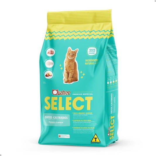 Ração Quatree Select Gatos Castrados Frango e Arroz 3Kg Alimento Premium Especial
